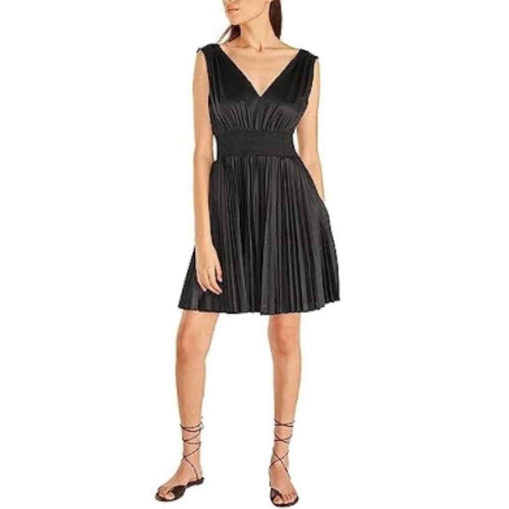Rebecca Taylor Black V Neck Smocked Waist Pleated Midi Dress‎ L